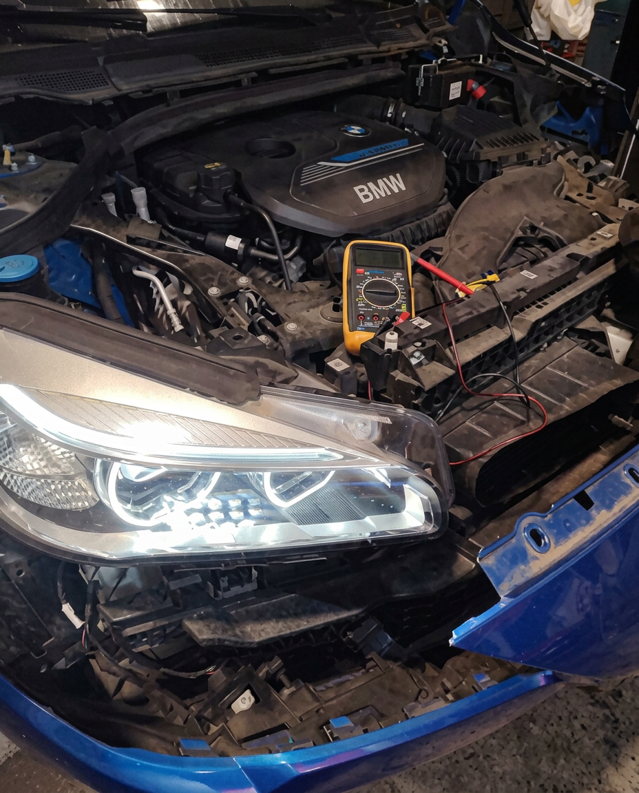 BMW blu in fase di riparazione anteriore